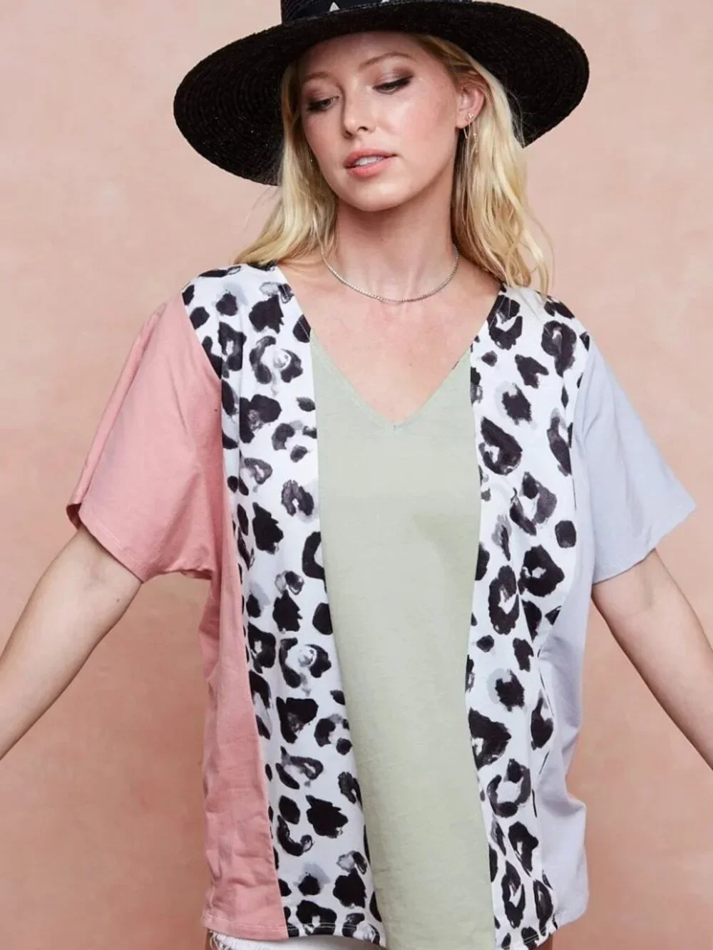 BiBi Cotton Span Knit With Leopard Color Block Top